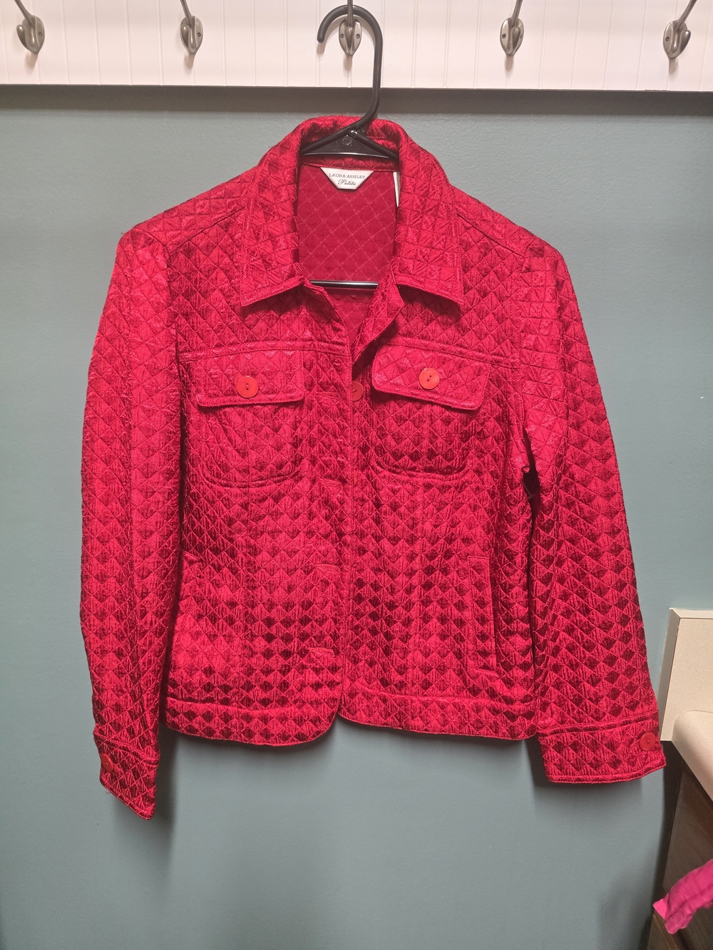 Laura Ashley Petite Red Quilted Blazer Jacket Size PS Diamond Pattern Button